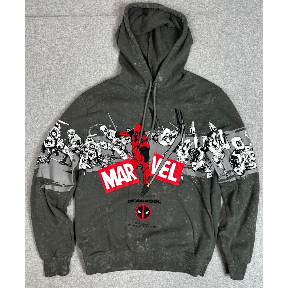 Marvel Deadpool Full Zip Graphic Hoodie Mens S Gray Acid Wash Jacket